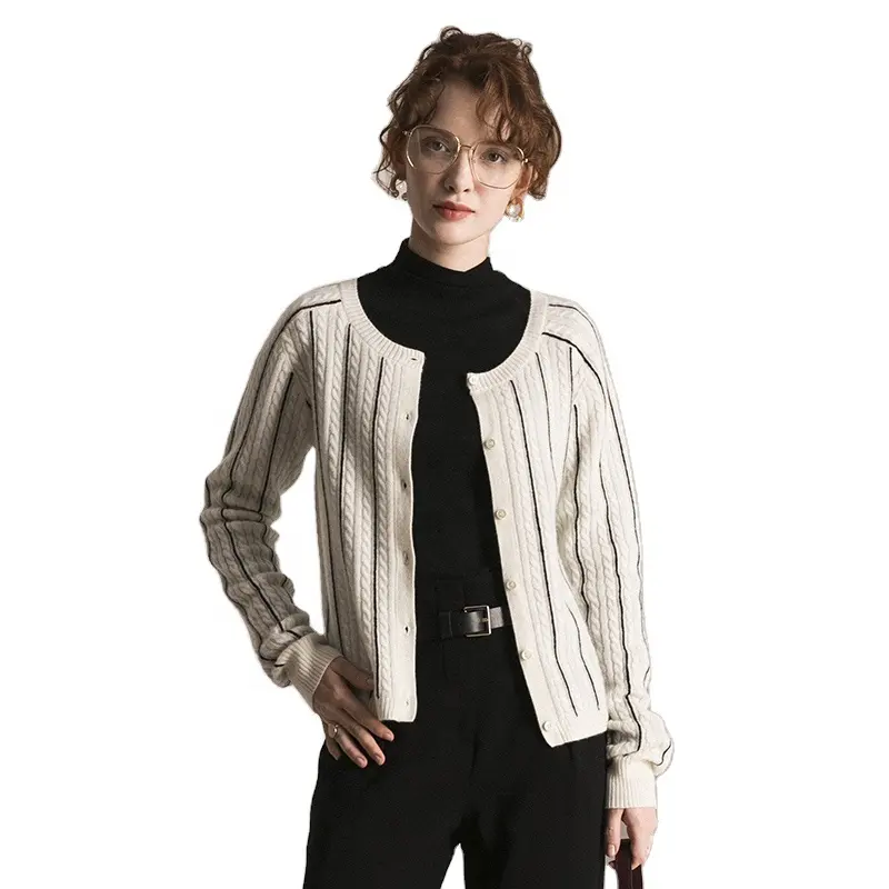 Stile sottile Cachemire di Lana Mescolato Stripped Cardigan Maglione