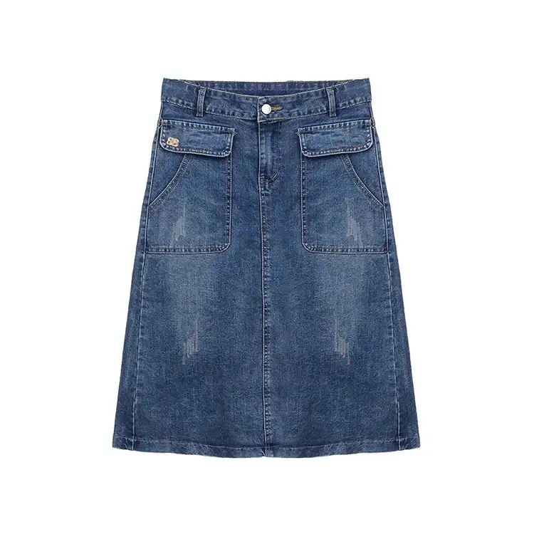 Jupe en tissu denim extensible élégante ligne A pour femmes jupe en jean crayon serrée pour femmes jupe en jean décontractée longue bleue délavée