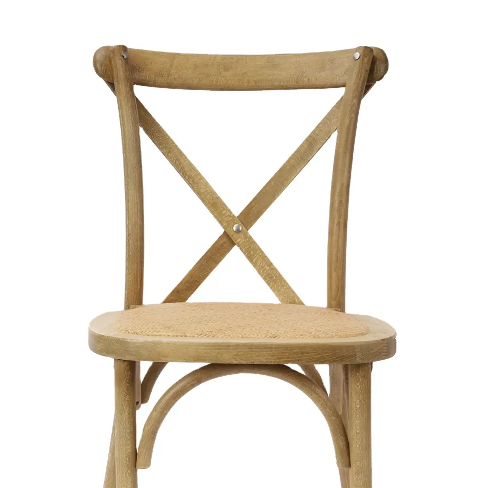 Silla antigua de roble para boda, asiento de madera maciza apilable con respaldo cruzado de Metal, de mimbre, Bistro