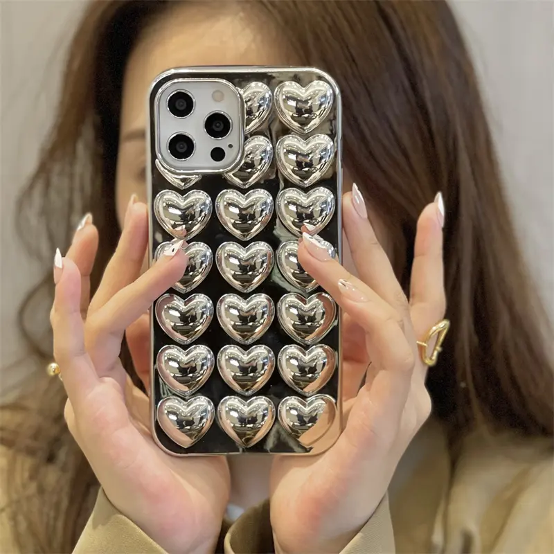 Luxury plating 3D chrome silver heart phone cases for iphone x xr xs 11 12 13 14 15 pro max