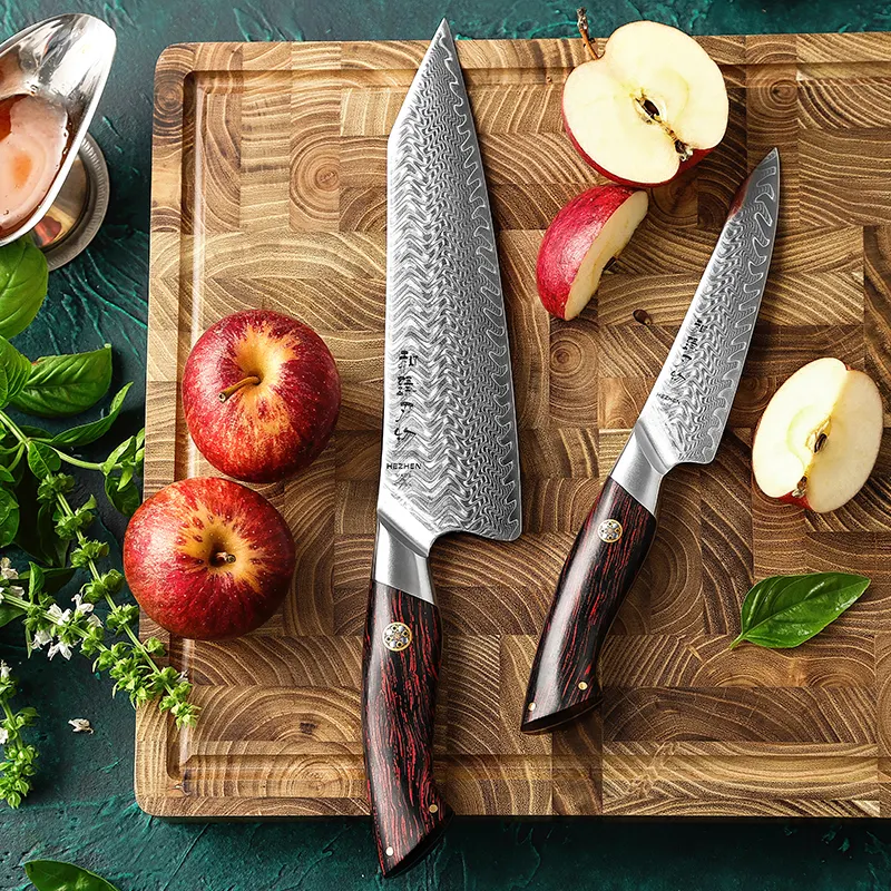 Ensemble de 2 couteaux de chef personnalisés à haute teneur en carbone 14Cr couteaux de cuisine japonais en acier damas manche G10