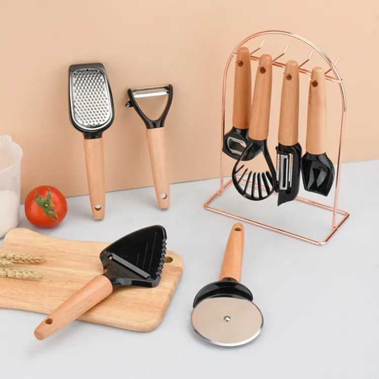 Accesorios de cocina de acero inoxidable de alta calidad, utensilios de cocina pequeños con mango de madera