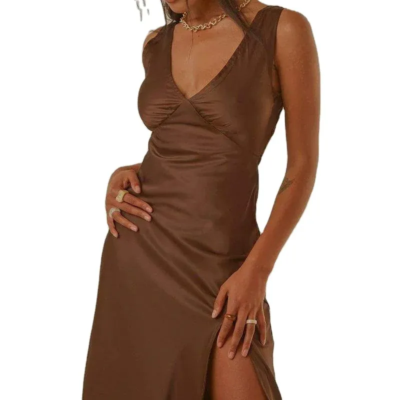Vestidos elegantes casuales sin mangas con escote en V profundo vestido MIDI de satén para mujer vestidos casuales marrones