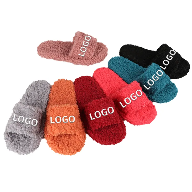 OEM custom logo outdoor fuzzy fur slippers for women and ladies furry female slides footwear sandals for women