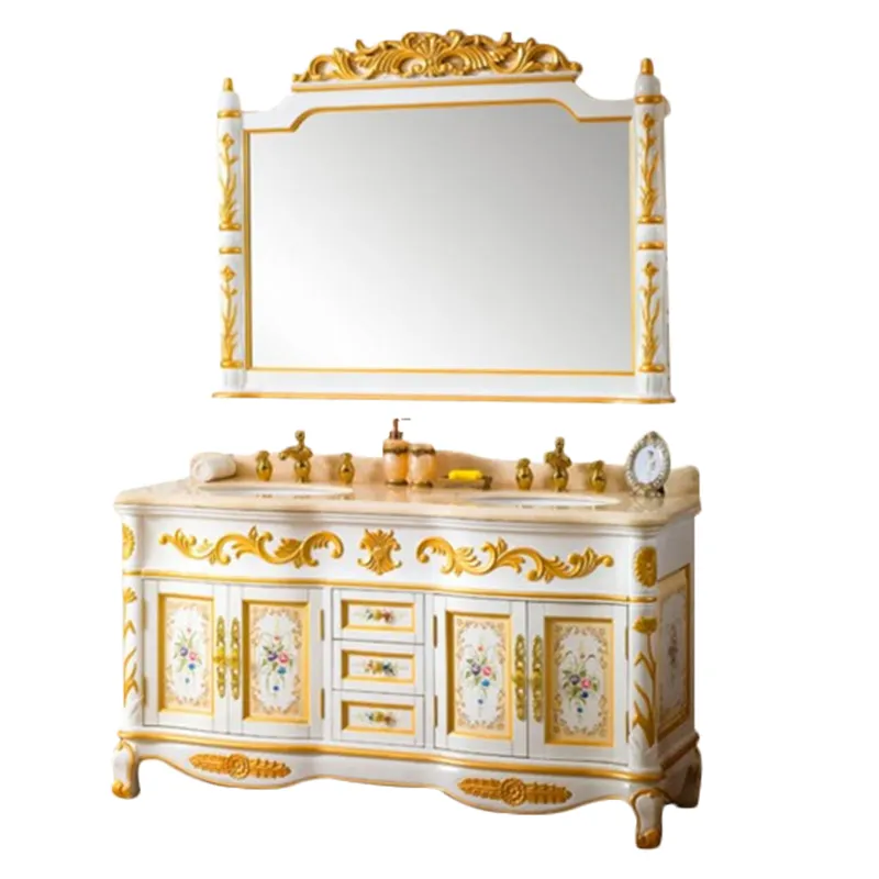 55in.double sink ouro bespoke armários de banheiro vaidades estilo europeu barroco clássico com chic longo espelho de prata e pernas