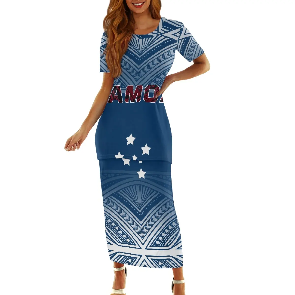 Groothandel Samoan Logo Blauwe Jurk Print Op Aanvraag Polynesische Tattoo Patroon Tweedelige Puletasi Oem Dropshipping Vrouwen Jurk