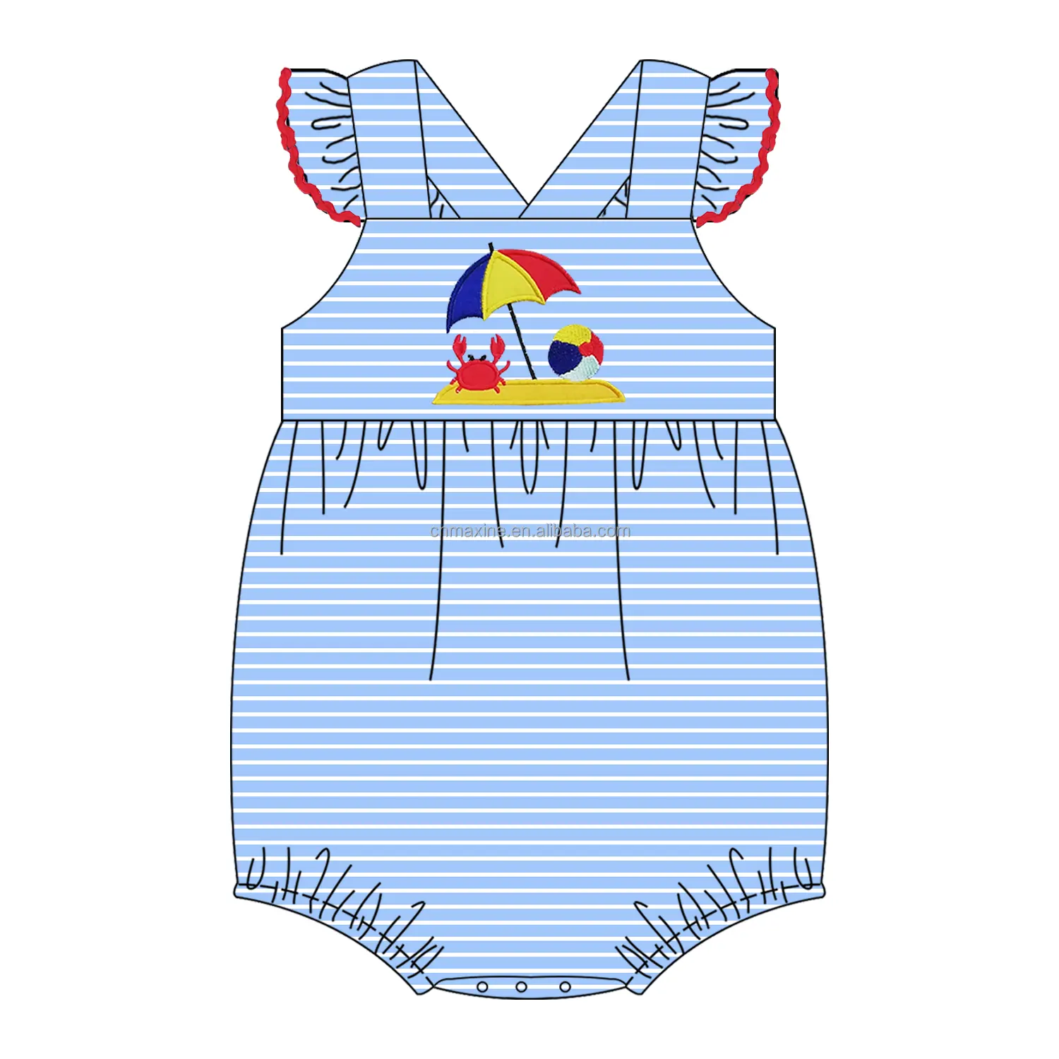 2024 ขายร้อน OEM ODM เด็กทารกเสื้อผ้าเย็บปักถักร้อยปูชายหาดสไตล์เด็กสาวฟอง Ruffles