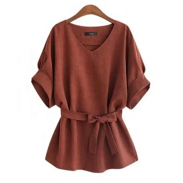 Été Femmes Blouses Tunique En Lin Chemise Col V Grand Arc Chauve-Souris Cravate Lâche Dames Chemisier Femme Top Pour Les Hauts