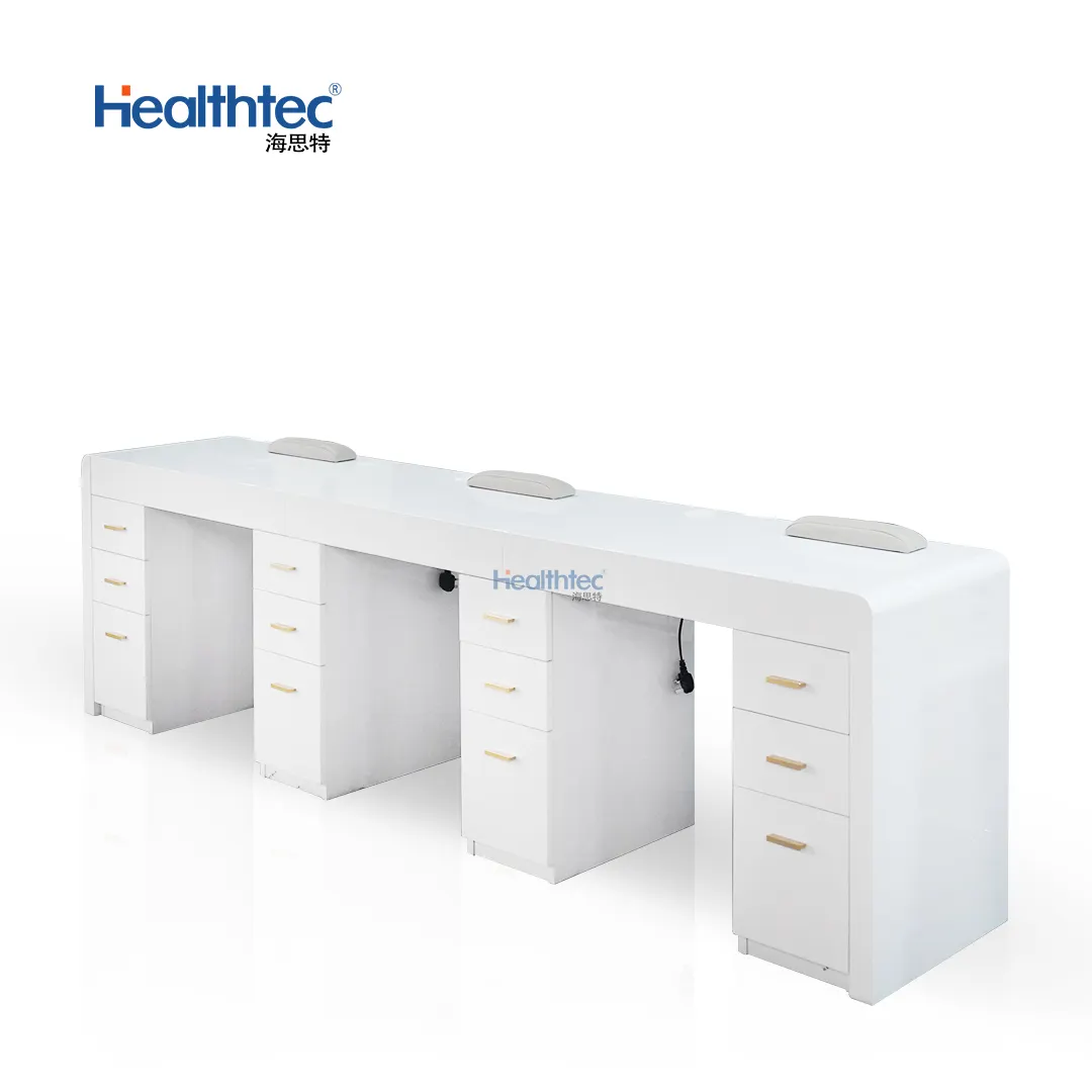 Healthtec uñas Mesa salón manicura muebles doble blanco manicura mesa con cajones para uñas de gel