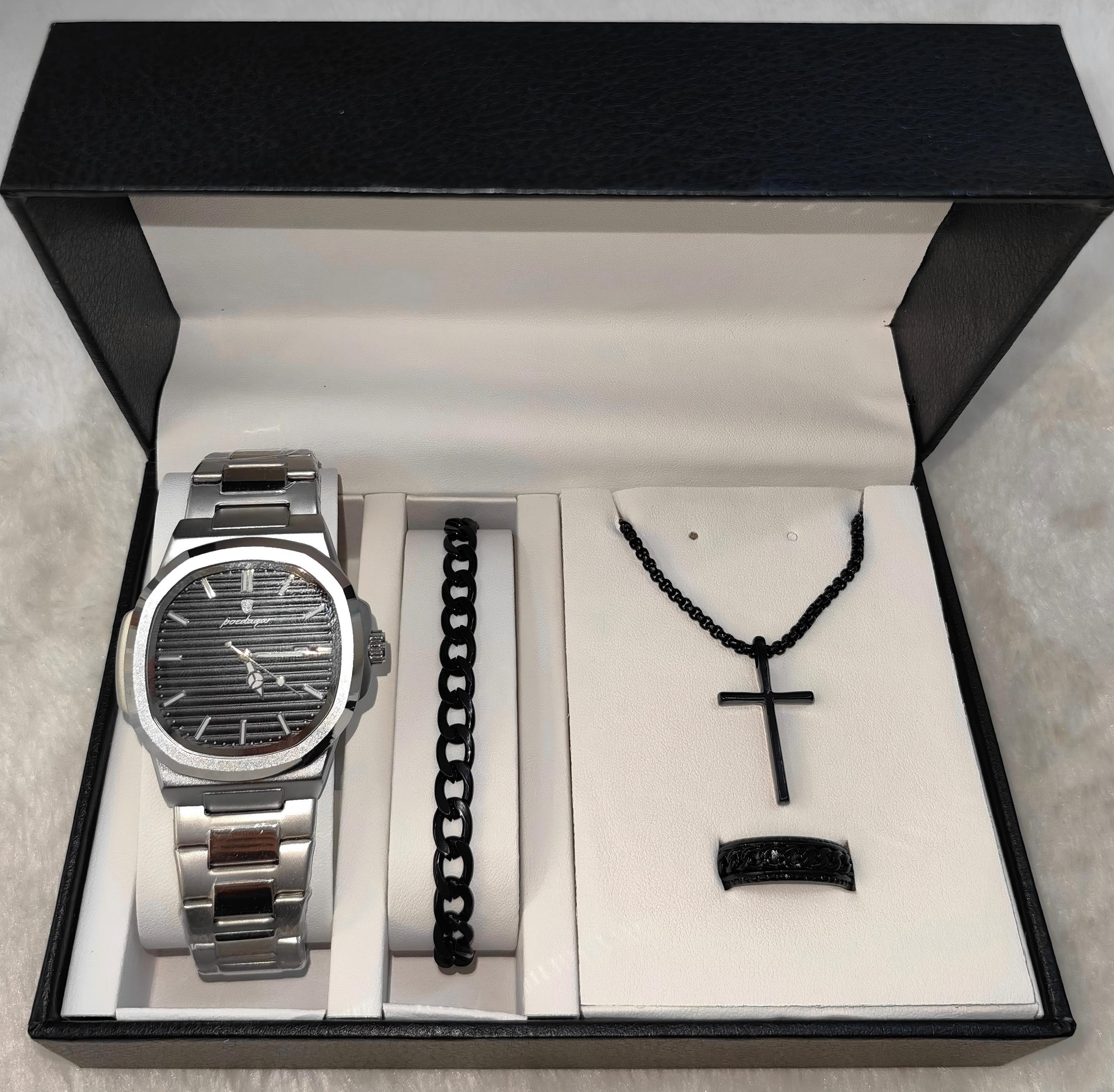 Silver black watch + black accessories + box