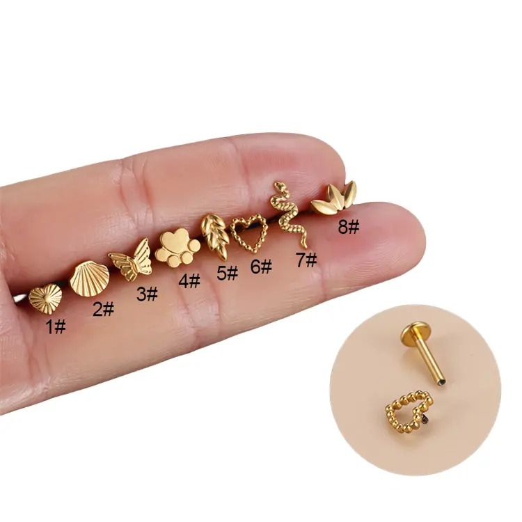 ASTM F136 Titanium Ear Stud G23 Titanium Piercing Jóias Ouro Coração Borboleta Plana Voltar Brincos Lip Ring