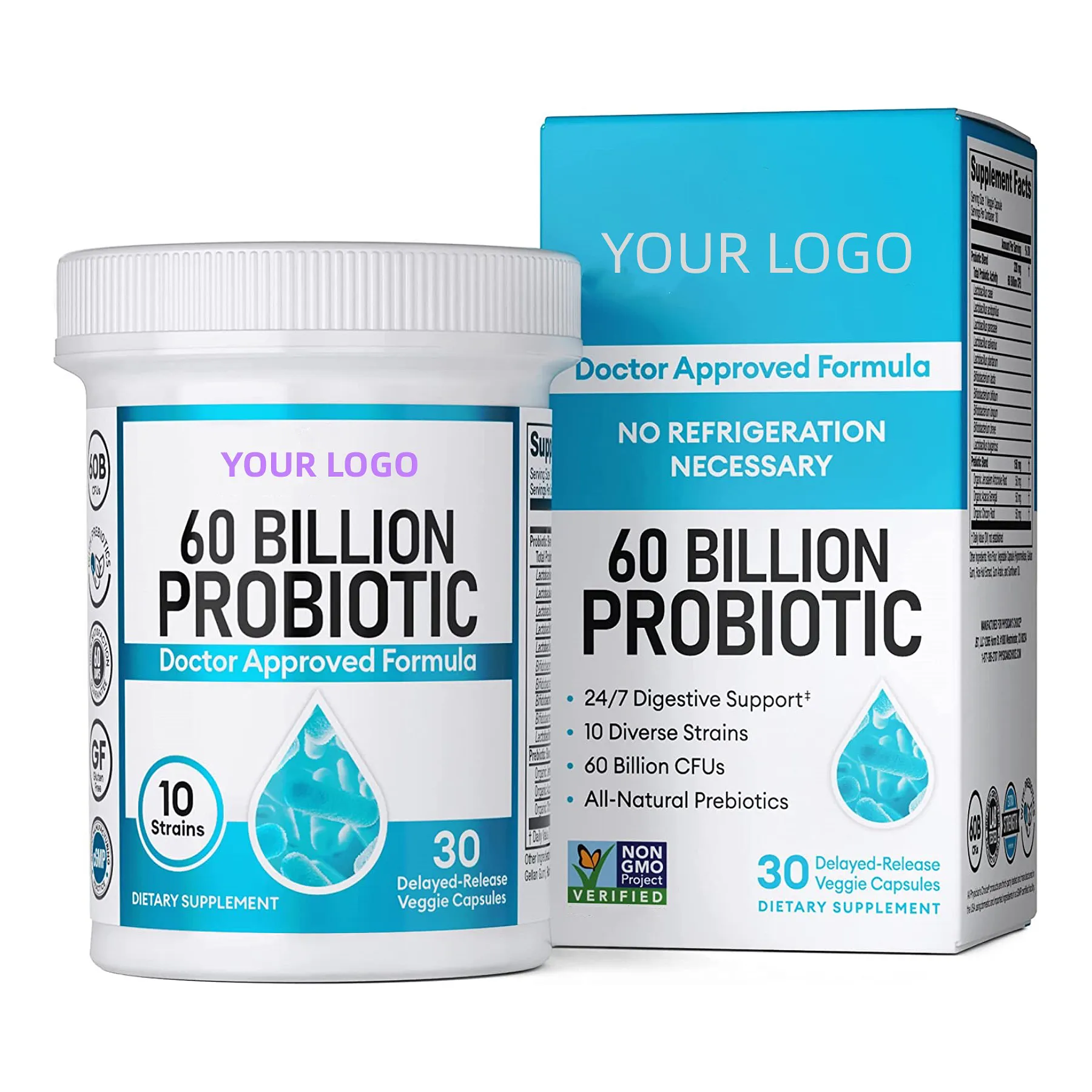 Probióticos OEM 60 mil millones de CFU prebióticos orgánicos para probióticos digestivos y de salud intestinal para mujeres y hombres