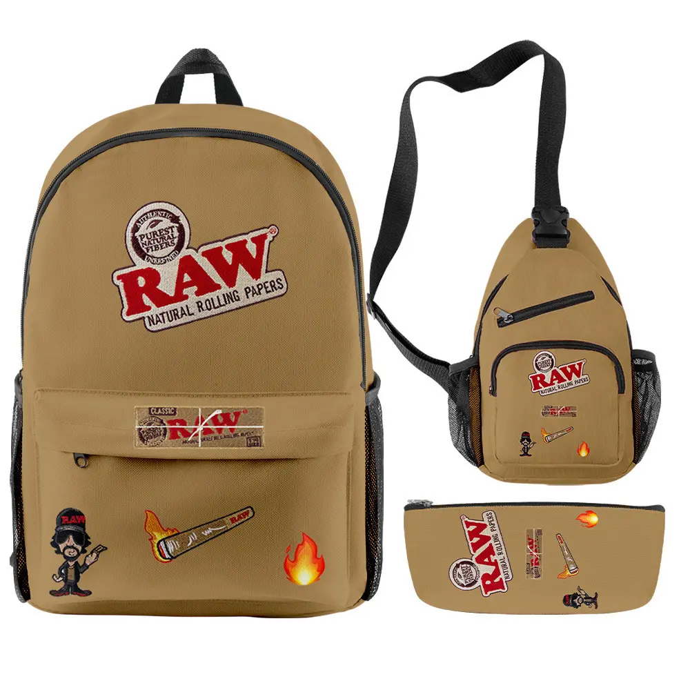 Grosir Tahan Bau Logo Kustom Tas Sekolah Backwoods Runtz Mentah untuk Remaja Satu Set Tas Buku 3 Pcs Ransel Backwoods