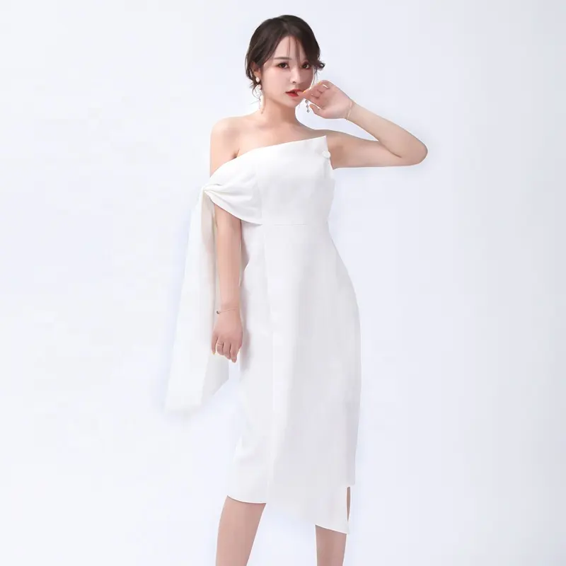 Chic Signore di Stile di Modo Elegante Superiore Del Tubo Bianco Off Spalla Sottile Banchetto Del Partito Aderente Midi Dress