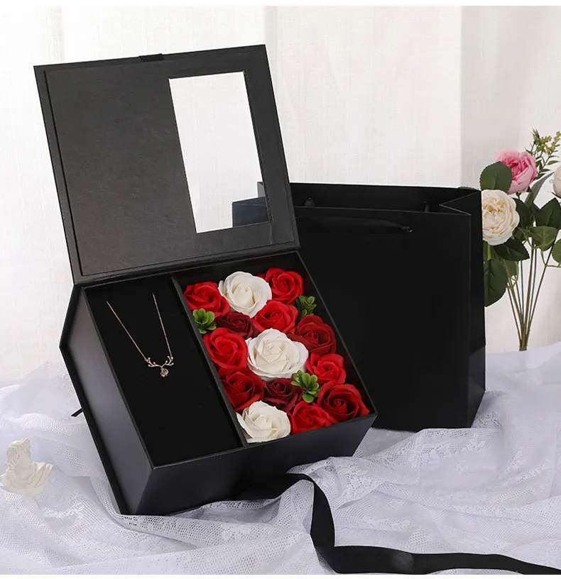 Caja de regalo negra reciclable personalizada, caja de regalo de Navidad de cartón, embalaje para té de flores