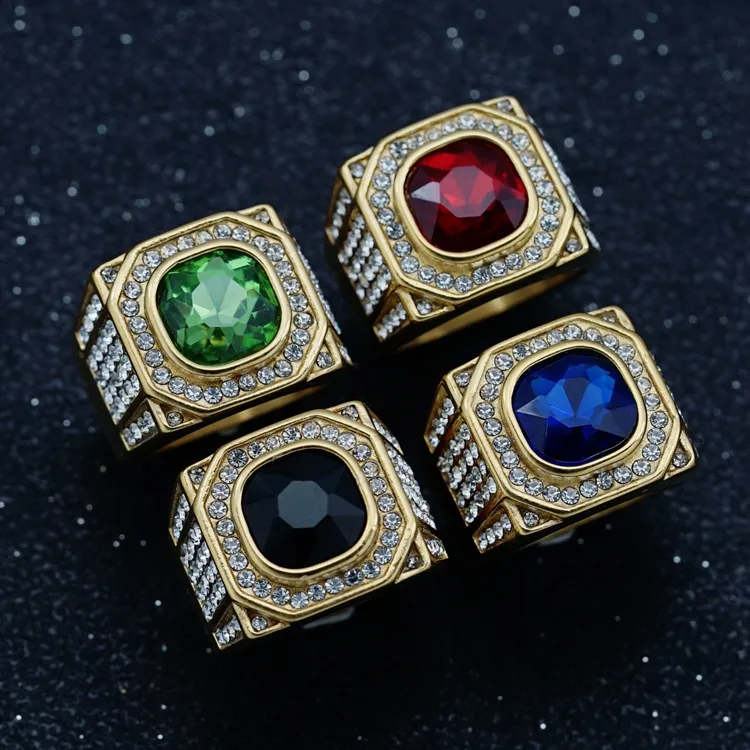 Wholesale PVD Gold Silver Plating Hip Hop 316 Stainless Steel 3D Colorful Diamond Gemstone Fashion Fine Jewelry Rings for Men