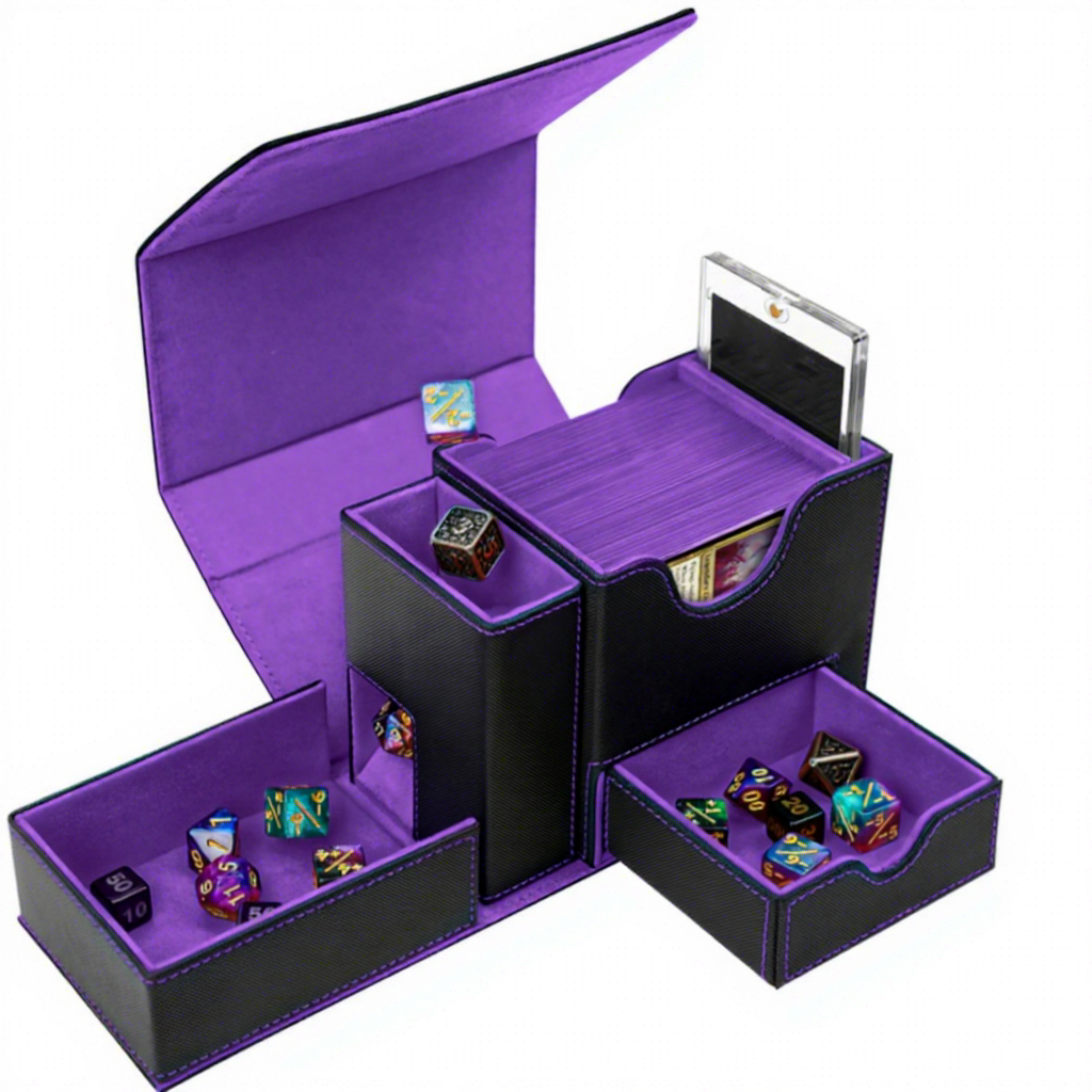 T338 plaid black&purple, white box, card bricks, 2 dividers