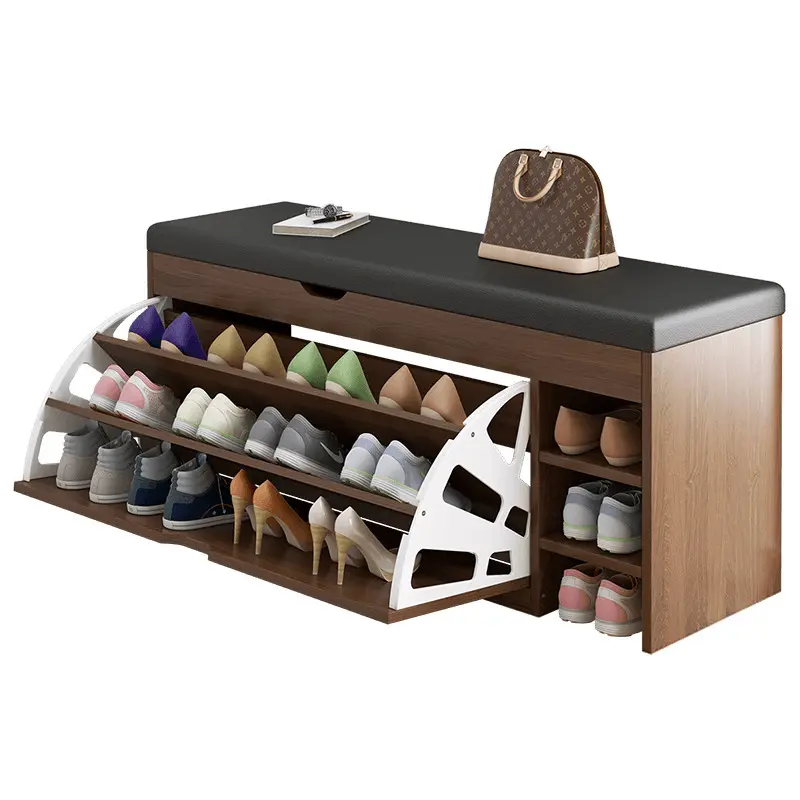Wholesale price wooden rotating shoe cabinet rack storage with stool and soft seat manufacturer for entryways cabinet furniture