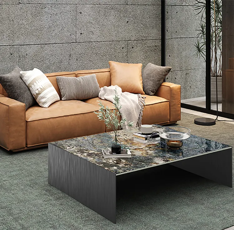 Nordic design luxury sintered stone top coffee table living room furniture 2 square tables Bronze metal antique coffee tables