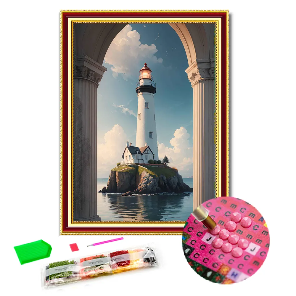 New Arrival 5D kim cương nghệ thuật sơn bán buôn bên bờ biển ngọn hải đăng kim cương bức tranh sơn và tường nghệ thuật