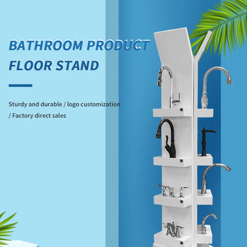 Modern Design Factory Custom Wooden Box Show Metal Sink Basin Sanitary Bathroom Faucet Display Stand Rack For Water Tap Showroom