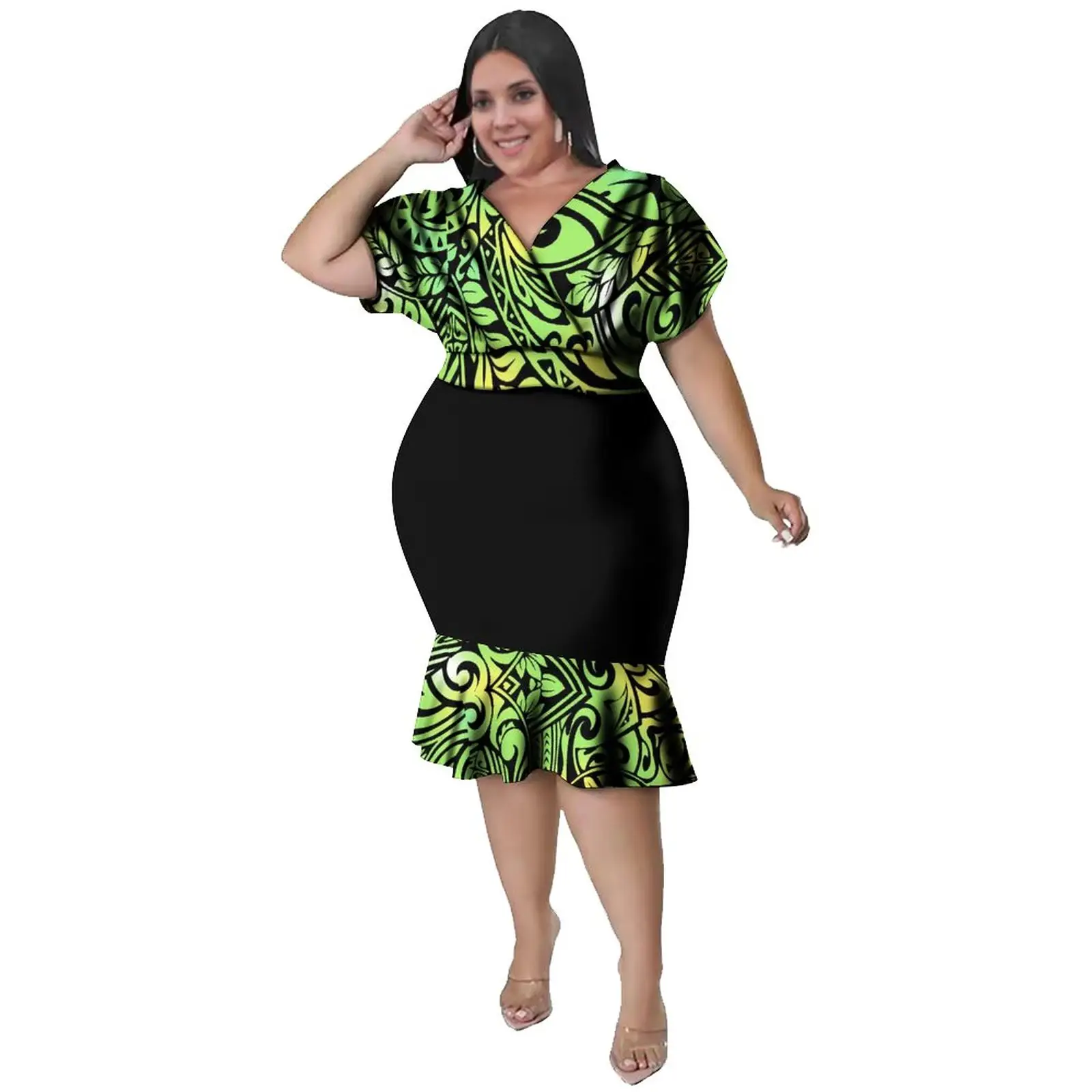 녹색과 검은 색 특징 V-넥 트렌디 한 인어 드레스 태평양 섬 예술 성격 하이 웨이스트 공주 스타일 피쉬 테일 드레스