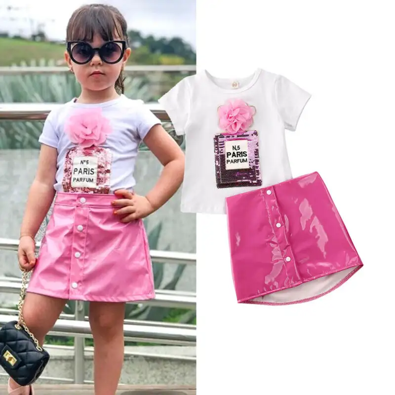 Toddler Kids Baby Girl Summer Clothes Short Sleeve White T-shirt + Mini PU Skirt Outfits Set