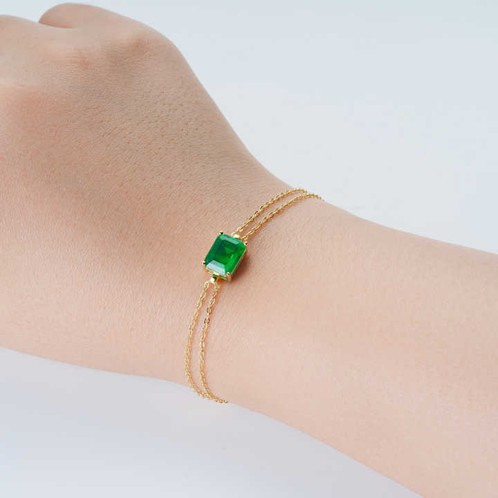 Temperament Jewelry 925 Sterling Silver Double Chain Bracelets 7x9mm Rectangle Artificial Emerald Bracelet for Women