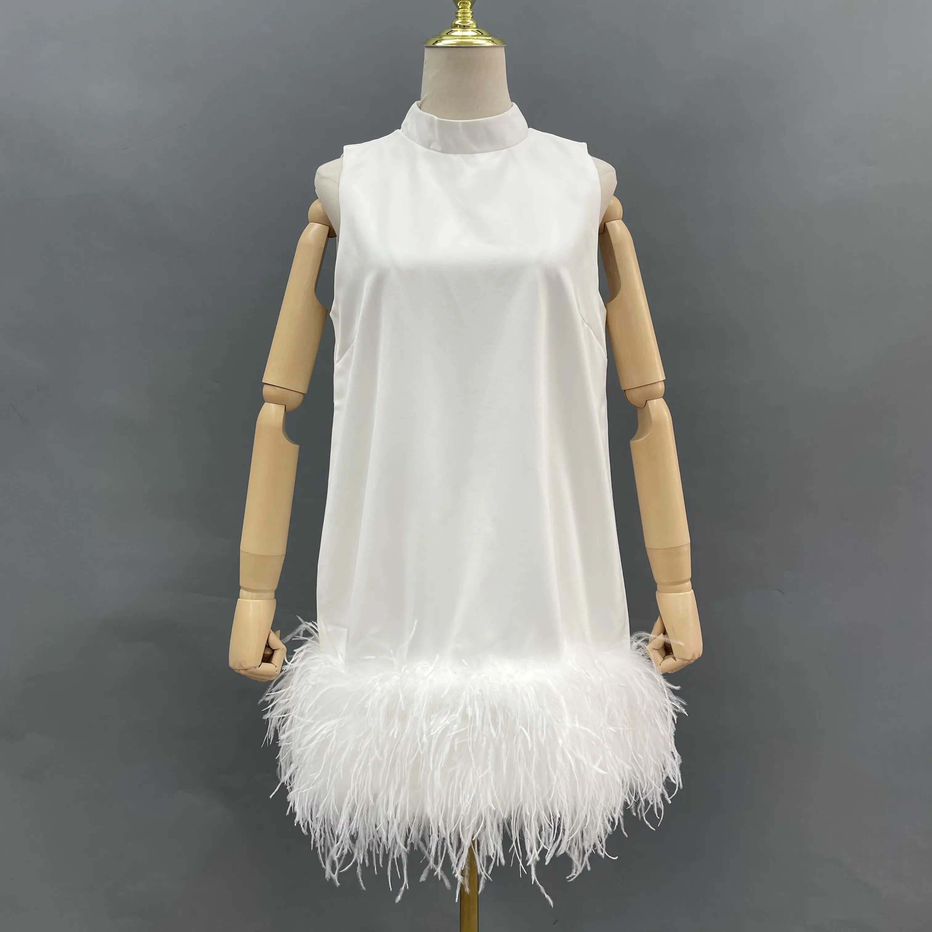 Janefur 2023 diseñador personalizado moda Boutique ropa señora verano elegante Mini vestido con pluma