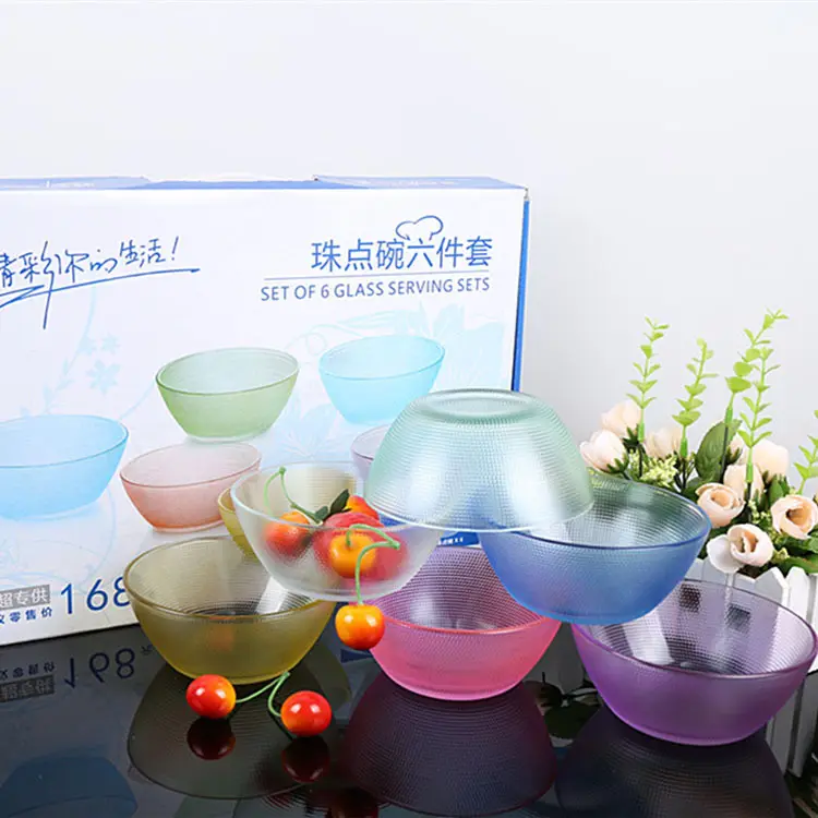 Бытовая 6 в 1 круглая чаша для фруктов и салата, Высококачественная цветная стеклянная чаша, оптовая продажа