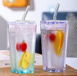 コーヒーと飲み物用ストローカップ冷たい飲み物用の高外観5点星勾配色ガラス蓋 - Product Image 1