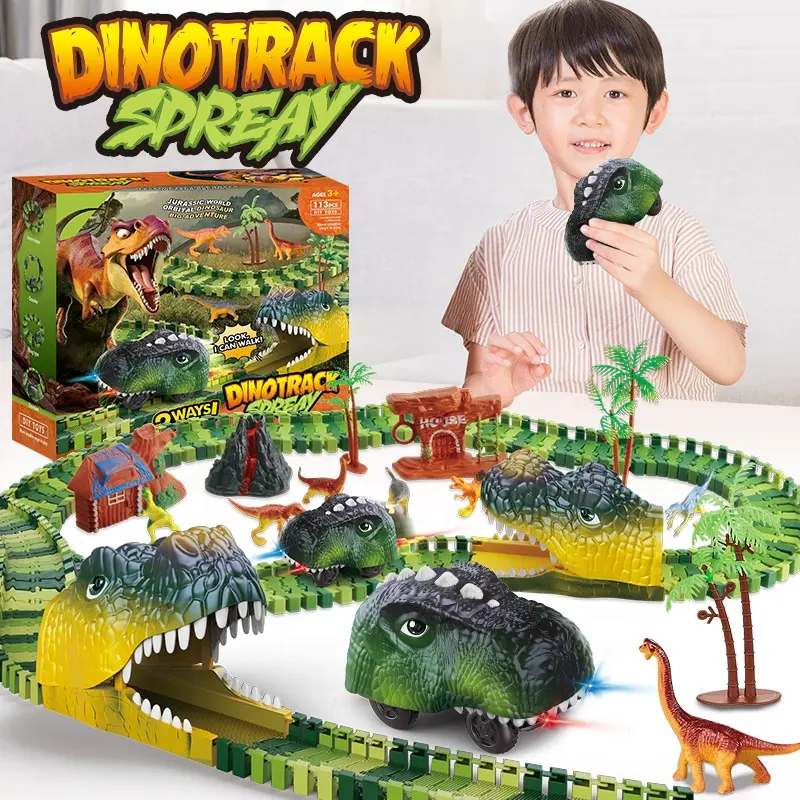 Mainan konstruksi mobil dinosaurus elektrik kereta dinosaurus mainan Slot dunia Set mainan jejak pembalap dinosaurus untuk anak laki-laki anak-anak