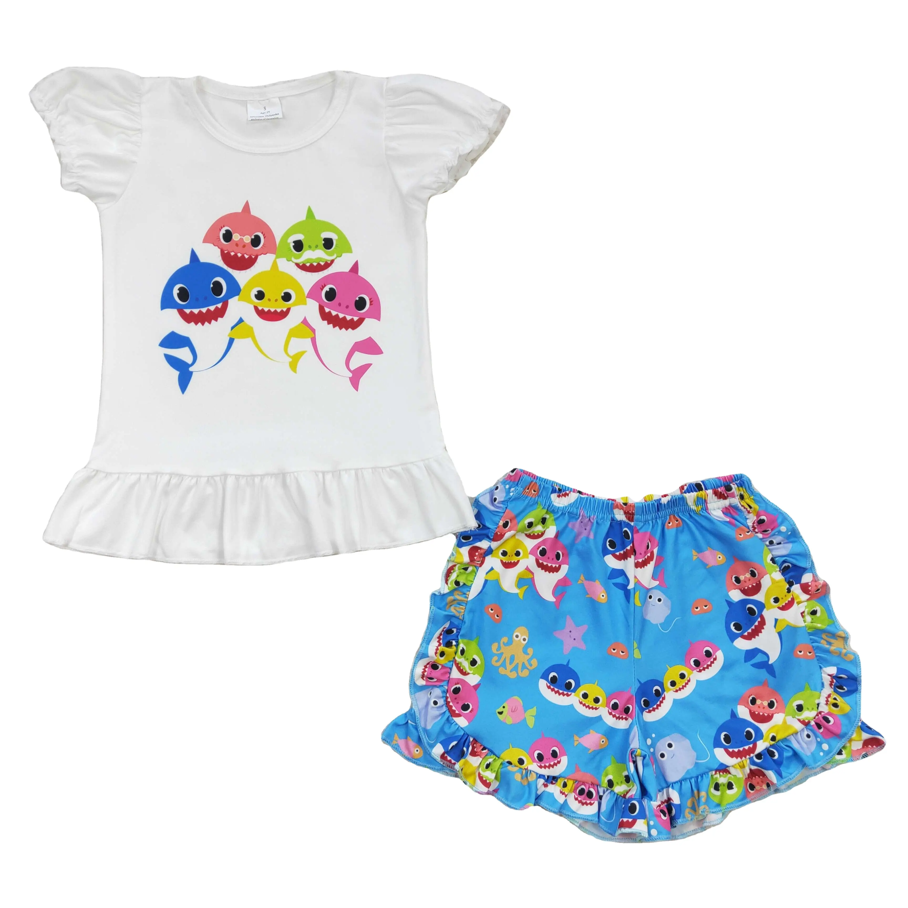 Karikatür küçük köpekbalığı mavi baskı çocuk giyim çocuk giyim bebek kız butik setleri iki adet T shirt şort kıyafetler