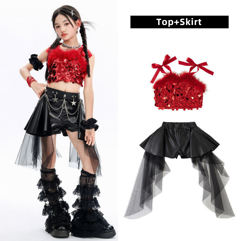 Red sequined suspenders + black streamer skirt