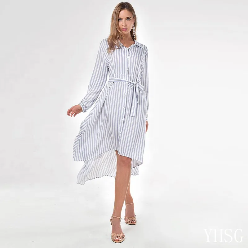 YHSG543-vestido informal de algodón con manga larga y botones, camisa a rayas blancas y grises