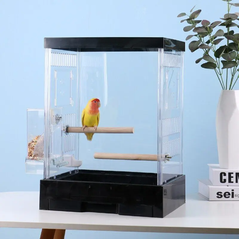 Lüks tasarım şeffaf akrilik açık anti-toz kanarya papağan kuş kafesi besleyici ile