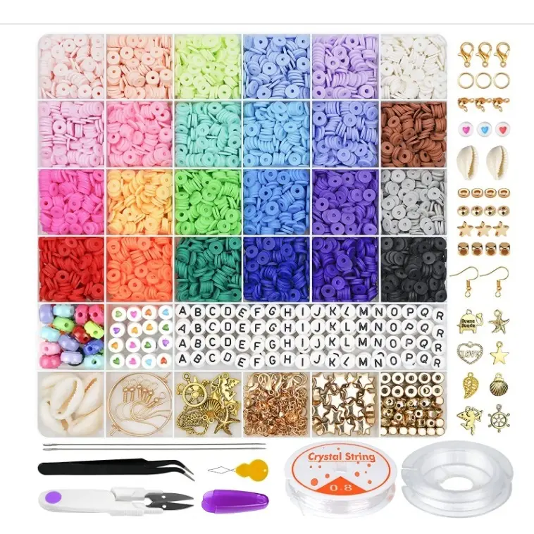 JC – ensemble de perles d'argile à faire soi-même, 24 couleurs, 28 grilles, perles de lettres et de sourire, plates et rondes, kit de bracelets en argile polymère, 6000 pièces
