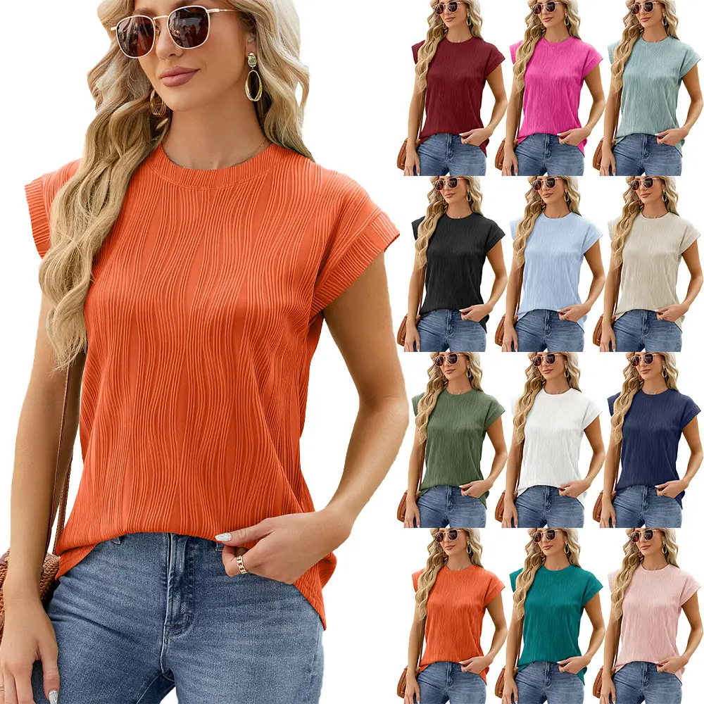 New 2014 Womens Short Sleeve Textured Tops Crewneck Knit Solid Loose Casual Basic T Shirts Tee Blouses