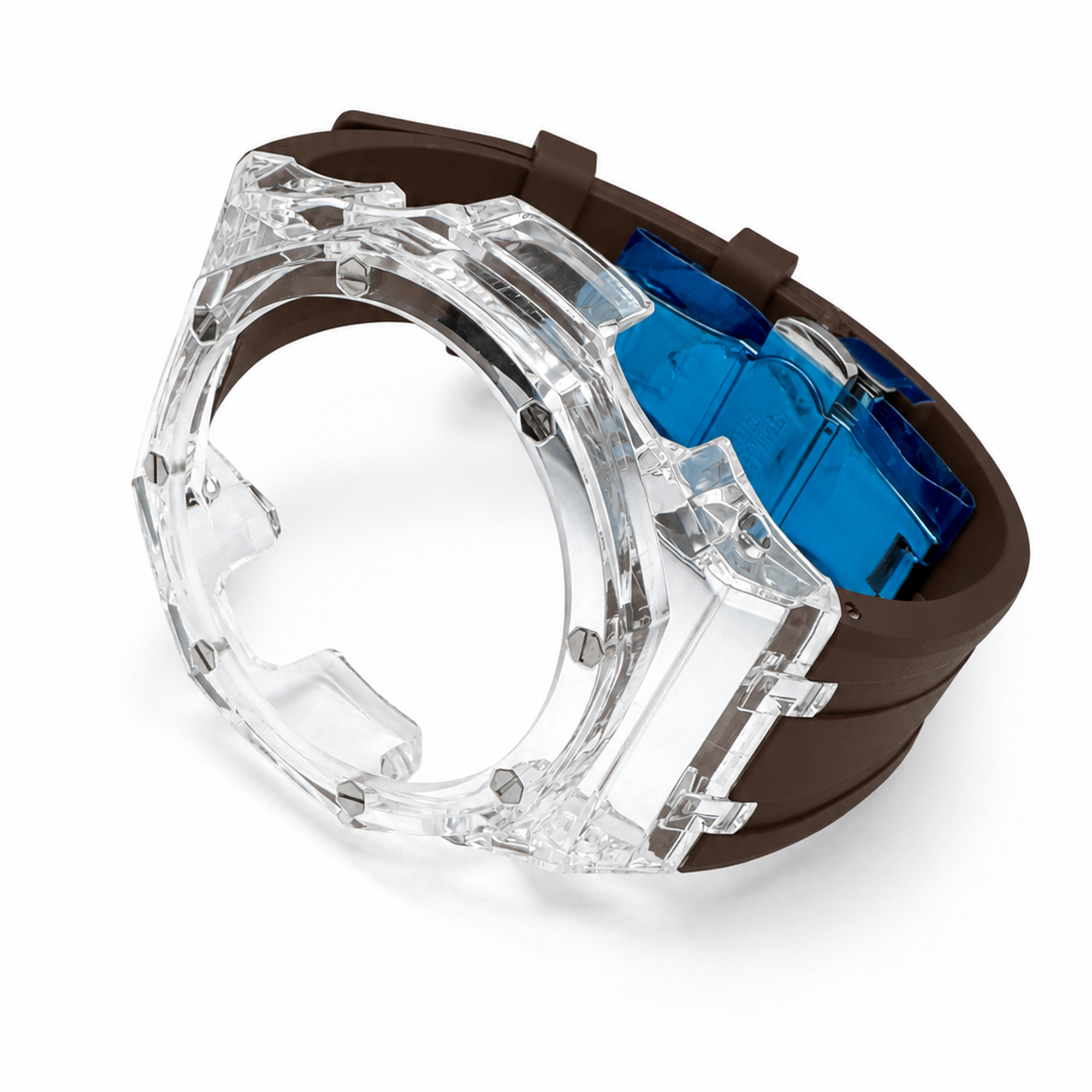 Boîtier transparent, bracelet marron.