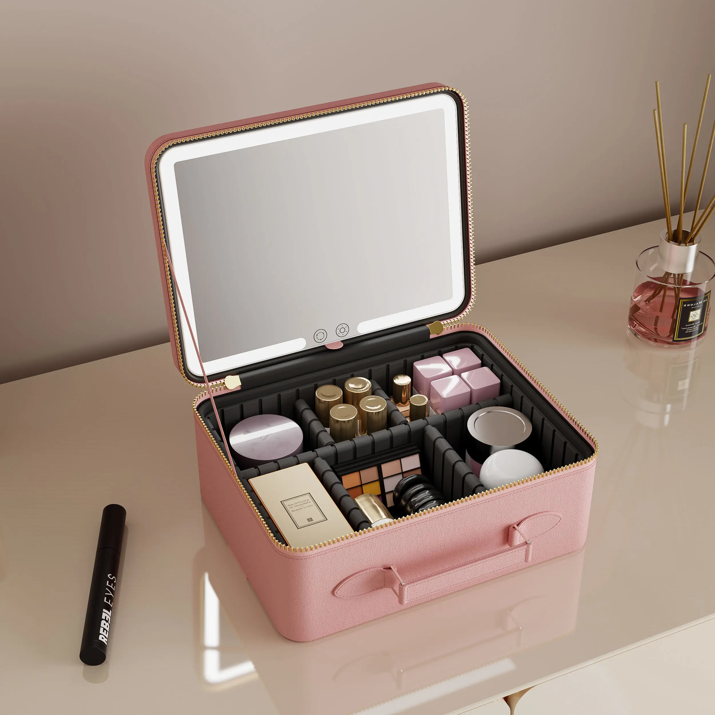 Kotak rias Led tas Makeup kosmetik kulit Pu Logo kustom menyala grosir Vanity portabel dengan lampu cermin