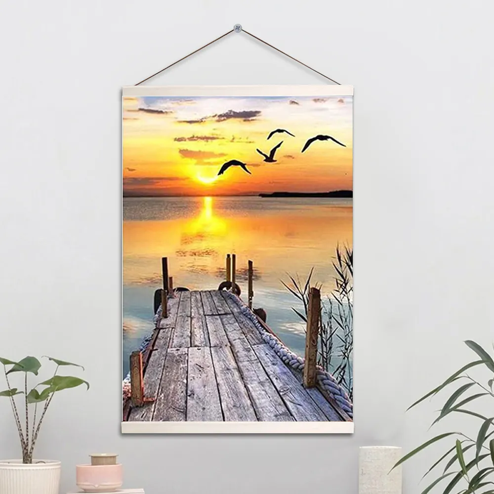 Taladro completo 5D amanecer paisaje pintura al por mayor DIY Rhinestone mosaico para decoración del hogar puesta de sol playa diamante pintura Kits