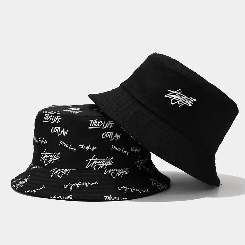 Summer Fashion Designer Reversible Custom Logo All over Print Embroidered Cotton Fisherman Bucket Hat with Private Brand Label