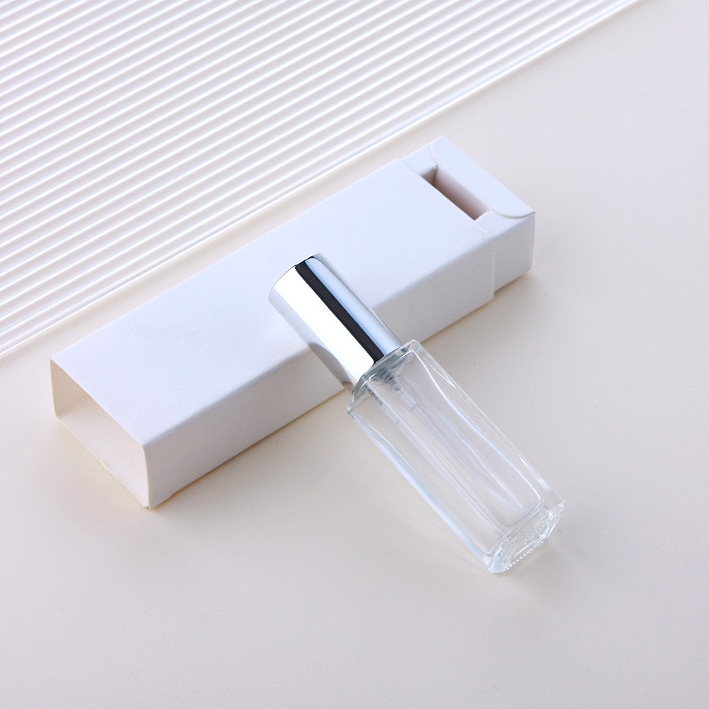 Botella pulverizadora de vidrio transparente + tapa plateada + caja blanca