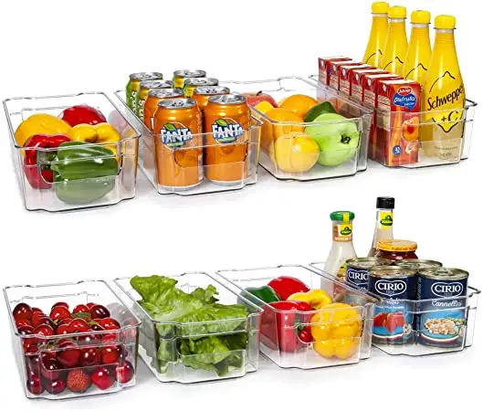 PET transparente sin BPA apilable versátil nevera contenedor de almacenamiento congelador refrigerador organizador de bebidas conjunto de cubo con asa