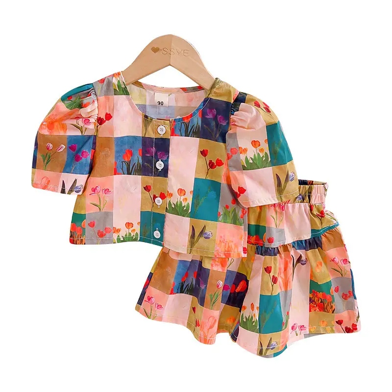 Kids Wear set Girls' summer dress new children's puffed sleeve plaid tulip print princess dress set