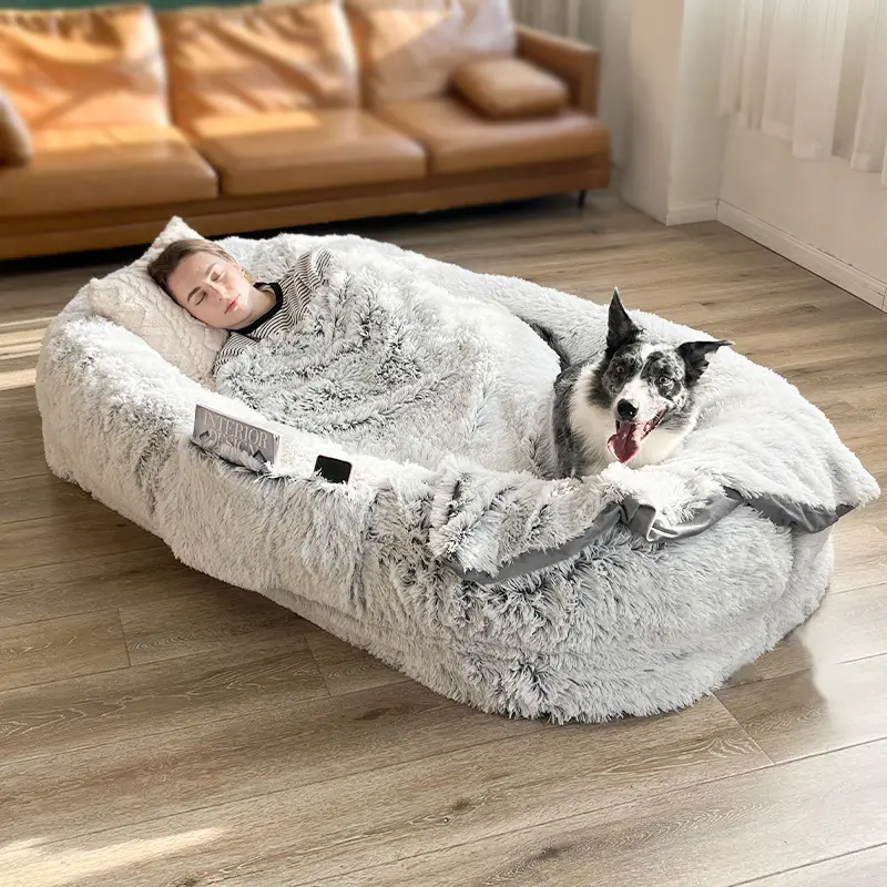 Kapak insan köpek yatağı insanlar için yetişkinler için ekstra büyük Pet yatak insan yuvarlak uzun peluş popüler dev köpek yatağı ortopedik köpük ile