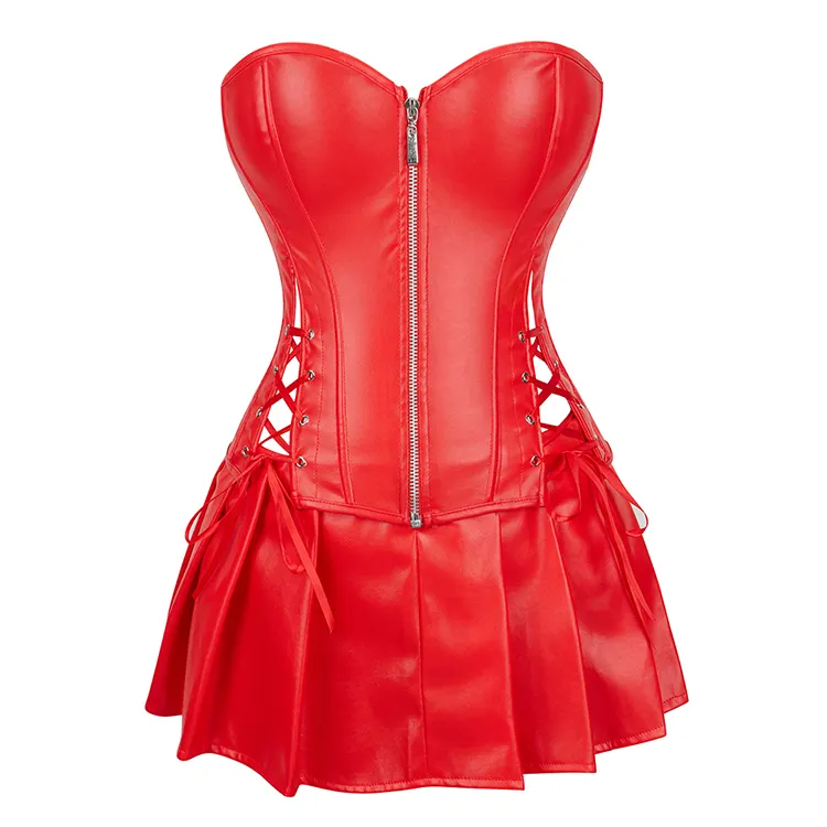 Ensemble de robe corset en similicuir pour femmes noir rouge fermeture éclair avant Korset surbuste haut bustier avec jupe