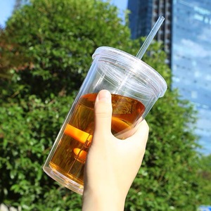 450毫升透明隔热塑料双壁杯可重复使用冷饮果汁咖啡牛奶杯平盖双层吸管