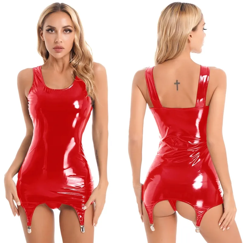 Womens Wet Look Patent Leather Tank Dress Clubwear Wide Shoulder Strap Sleeveless Bodycon Dresses with Metal Clips