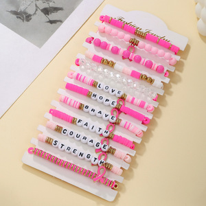 9 PACK - Breast Cancer Pulseiras Set para Mulheres Girl Pink Ribbon Consciência Câncer de Mama Empilhamento Bead Pulseira Pulseiras Stack
